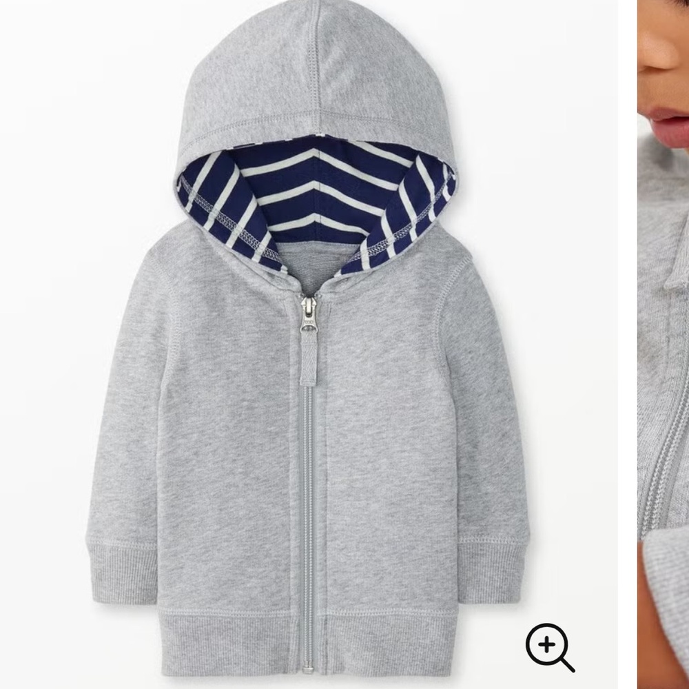 Hanna Andersson grey hoodie with blue and white striped hood